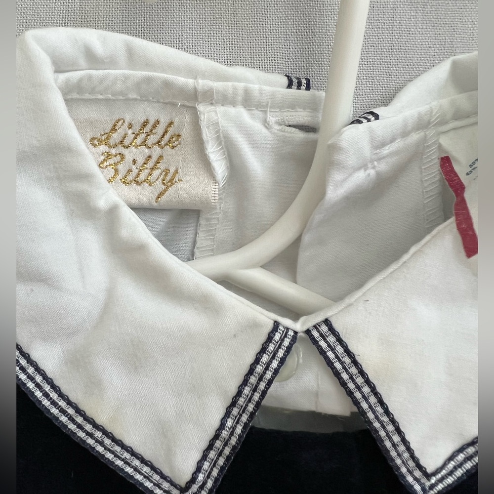 Dark Navy Velvet Baby Boy Bubble Romper with White Shirt - Picture 3 of 3